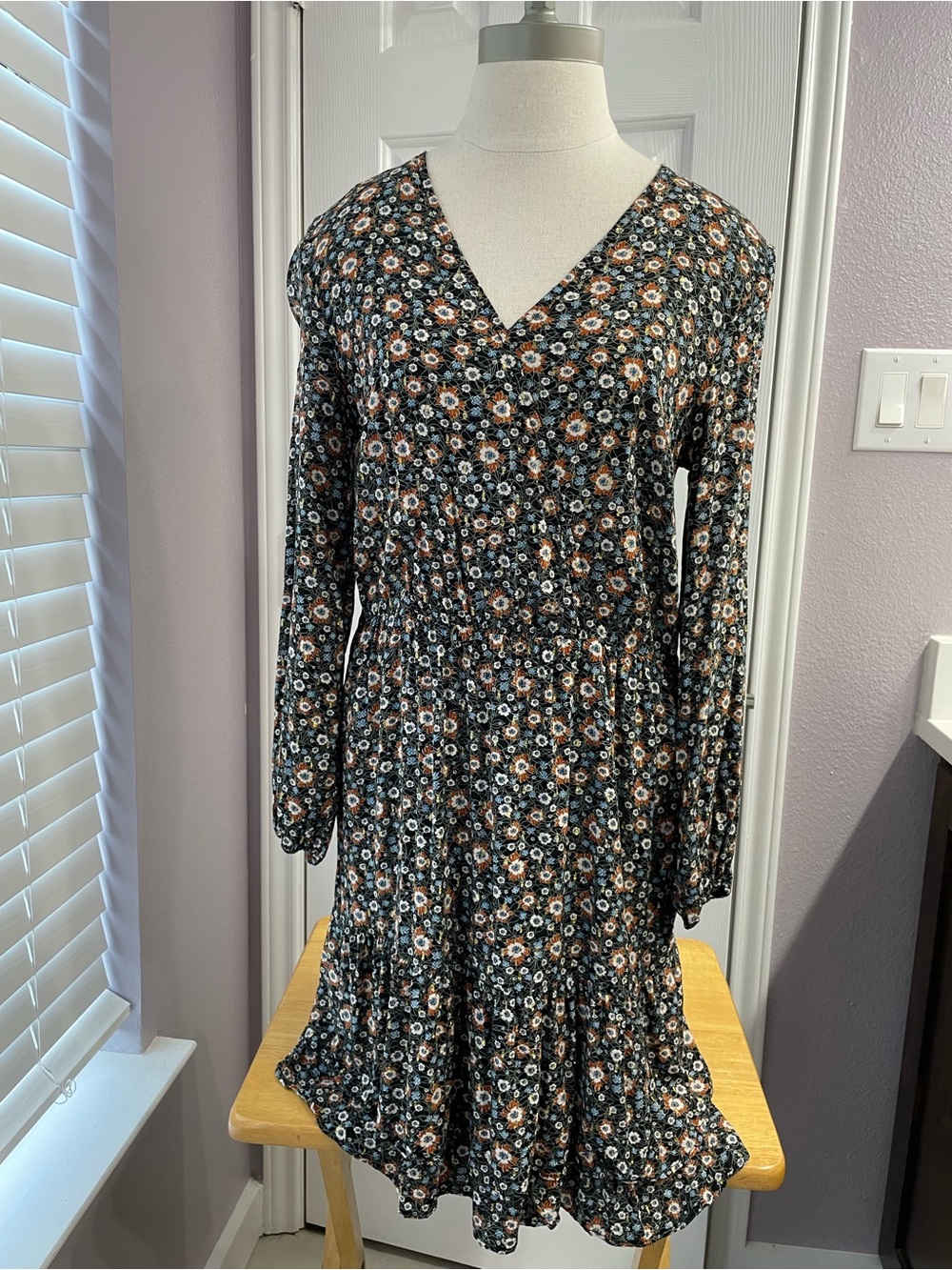 Caroll Paris Floral Ruffle Dark Cottagecore Midi Dress Medium EU 38 Long Sleeve